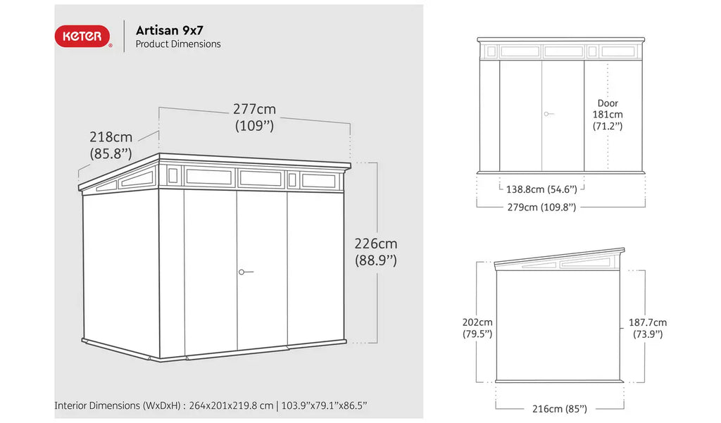Keter Artisan 9 x 7ft Double Door Pent Outdoor Plastic Garden Shed