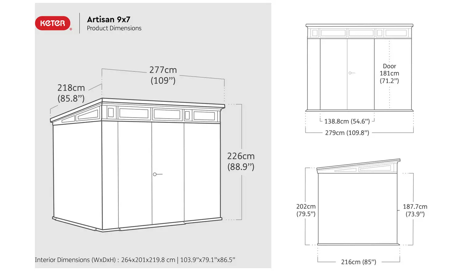 Keter Artisan 9 x 7ft Double Door Pent Outdoor Plastic Garden Shed